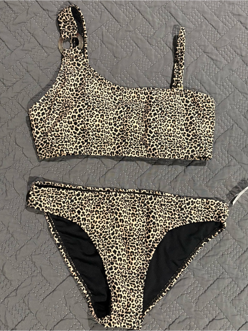 One-Shoulder Leopard Print Bikini Set - Beige/Black